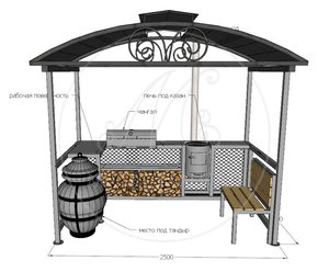 Беседка 2500*1500 с мангалом, печью и крышкой барбекю "Дипломат-11"