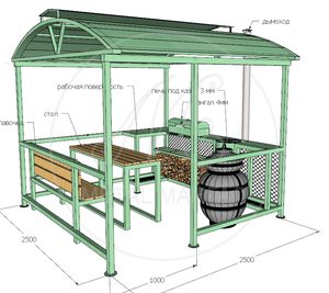 Беседка 2500*2500 с мангалом, печью и крышкой барбекю "Дипломат-12"