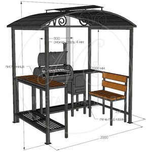 Беседка с круглым мангалом, печью и лавочкой "Дипломат-9"