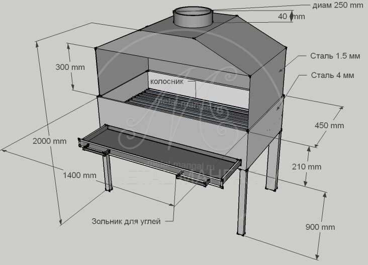 Мангал профессиональный с зольником 1400х450 
